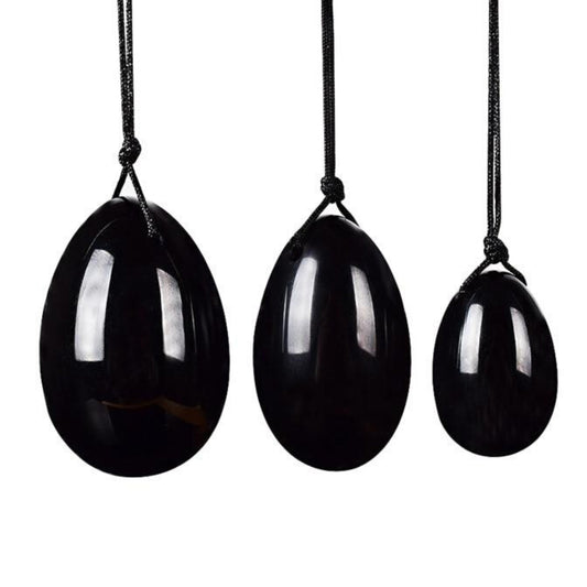 Precious Gems Yoni Egg Set - Black Obsidian Drilled (Set of 3)